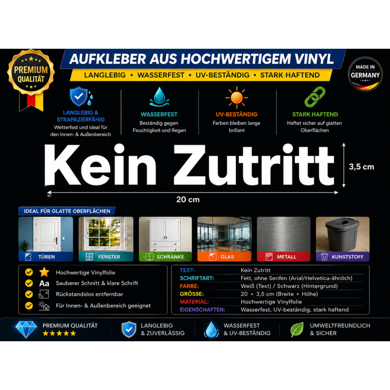 Kein Zutritt Aufkleber Vinyl 20×3,5 cm 2er Set – Weiß