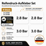 Reifendruck-Hinweis Aufkleber Set Schwarz – 2× 2.8 Bar + 2× 3.0 Bar