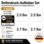 Reifendruck-Hinweis Aufkleber Set – Schwarz / 2× 2.5 Bar + 2× 2.7 Bar