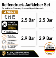 Reifendruck-Hinweis Aufkleber Set Schwarz – 2× 2.5 Bar + 2× 2.9 Bar