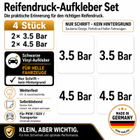 Reifendruck-Hinweis Aufkleber Set – Schwarz / 2× 3.5 Bar + 2× 4.5 Bar