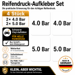 Reifendruck-Hinweis Aufkleber Set – Schwarz / 2× 4.0 Bar + 2× 5.0 Bar