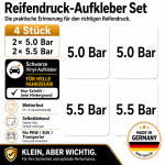 Reifendruck-Hinweis Aufkleber Set – Schwarz / 2× 5.0 Bar + 2× 5.5 Bar