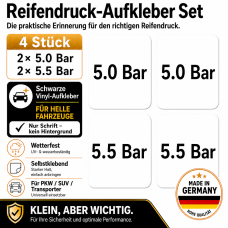 Reifendruck-Hinweis Aufkleber Set – Schwarz / 2× 5.0 Bar + 2× 5.5 Bar