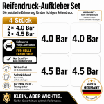 Reifendruck-Hinweis Aufkleber Set – Schwarz / 2× 4.0 Bar + 2× 4.5 Bar