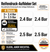 Reifendruck-Hinweis Aufkleber Set – Schwarz / 2× 2.4 Bar + 2× 2.5 Bar