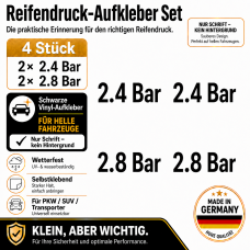 Reifendruck-Hinweis Aufkleber Set Schwarz – 2× 2.4 Bar + 2× 2.8 Bar