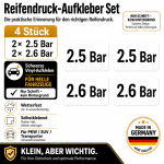 Reifendruck-Hinweis Aufkleber Set Schwarz – 2× 2.5 Bar + 2× 2.6 Bar
