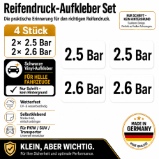 Reifendruck-Hinweis Aufkleber Set Schwarz – 2× 2.5 Bar + 2× 2.6 Bar