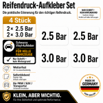 Reifendruck-Hinweis Aufkleber Set – Schwarz (2× 2.5 Bar + 2× 3.0 Bar)