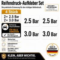 Reifendruck-Hinweis Aufkleber Set – Schwarz (2× 2.5 Bar + 2× 3.0 Bar)