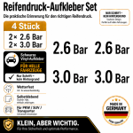 Reifendruck-Hinweis Aufkleber Set – Schwarz / 2× 2.6 Bar + 2× 3.0 Bar