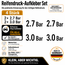 Reifendruck-Hinweis Aufkleber Set – Schwarz / 2× 2.7 Bar + 2× 3.0 Bar