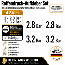 Reifendruck-Hinweis Aufkleber Set – Schwarz / 2× 2.8 Bar + 2× 3.2 Bar