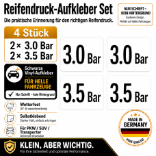 Reifendruck-Hinweis Aufkleber Set – Schwarz / 2× 3.0 Bar + 2× 3.5 Bar