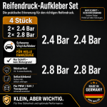 Reifendruck-Hinweis Aufkleber Set – Weiß (2× 2.4 Bar + 2× 2.8 Bar)