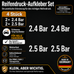 Reifendruck-Hinweis Aufkleber Set Weiß – 2× 2.4 Bar + 2× 2.5 Bar