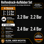 Reifendruck-Hinweis Aufkleber Set – Weiß / 2× 2.2 Bar + 2× 2.4 Bar
