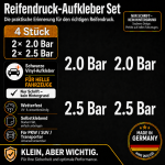 Reifendruck-Hinweis Aufkleber Set Weiß – 2× 2.0 Bar + 2× 2.5 Bar
