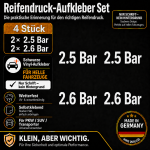 Reifendruck-Hinweis Aufkleber Set Weiß – 2× 2.5 Bar + 2× 2.6 Bar