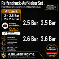 Reifendruck-Hinweis Aufkleber Set Weiß – 2× 2.5 Bar + 2× 2.6 Bar