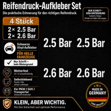 Reifendruck-Hinweis Aufkleber Set Weiß – 2× 2.5 Bar + 2× 2.6 Bar