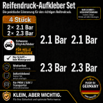 Reifendruck-Hinweis Aufkleber Set – Weiß / 2× 2.1 Bar + 2× 2.3 Bar
