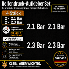 Reifendruck-Hinweis Aufkleber Set – Weiß / 2× 2.1 Bar + 2× 2.3 Bar