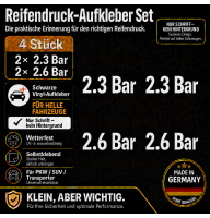 Reifendruck-Hinweis Aufkleber Set – Weiß / 2× 2.3 Bar + 2× 2.6 Bar