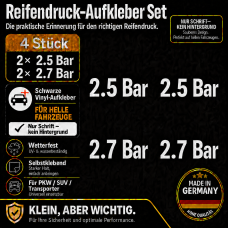 Reifendruck-Hinweis Aufkleber Set – Weiß / 2× 2.5 Bar + 2× 2.7 Bar