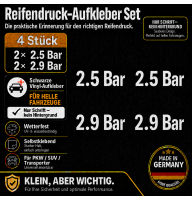 Reifendruck-Hinweis Aufkleber Set Weiß – 2× 2.5 Bar + 2× 2.9 Bar