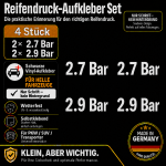 Reifendruck-Hinweis Aufkleber Set Weiß – 2× 2.7 Bar + 2× 2.9 Bar