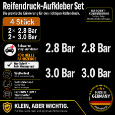 Reifendruck-Hinweis Aufkleber Set Weiß – 2× 2.8 Bar + 2× 3.0 Bar