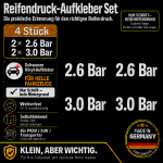 Reifendruck-Hinweis Aufkleber Set – Weiß / 2× 2.6 Bar + 2× 3.0 Bar