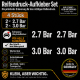 Reifendruck-Hinweis Aufkleber Set – Weiß (2× 2.7 Bar + 2× 3.0 Bar)