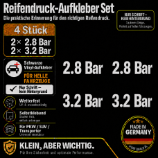 Reifendruck-Hinweis Aufkleber Set – Weiß / 2× 2.8 Bar + 2× 3.2 Bar