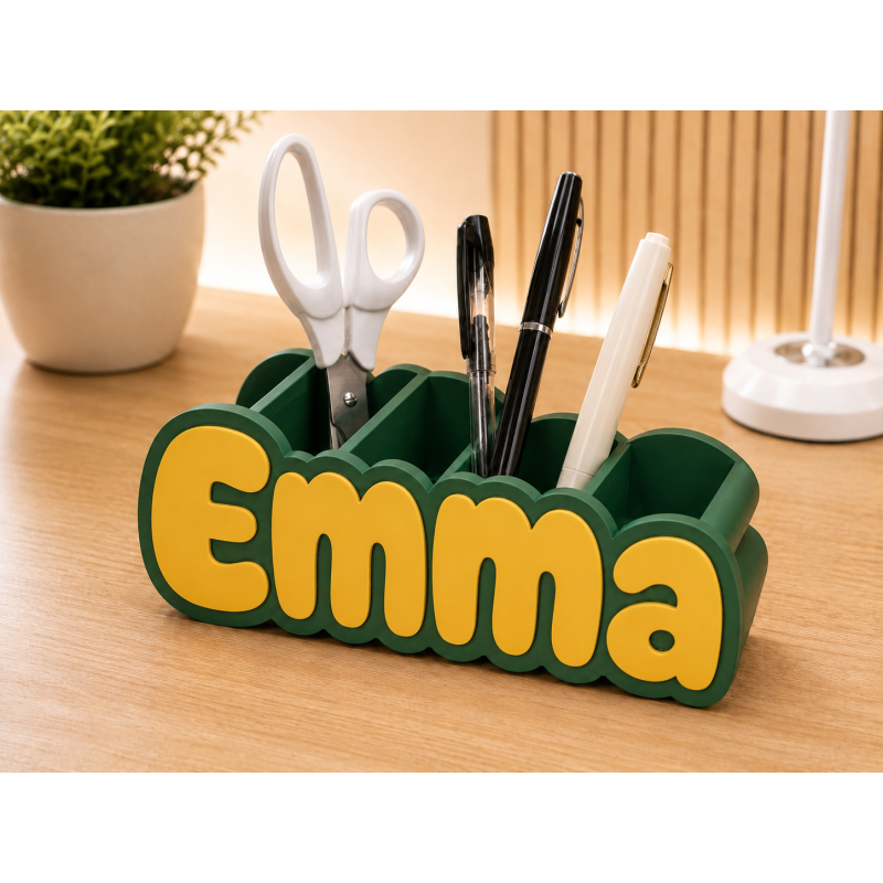 3D Druck Namens-Stiftehalter Organizer – Dunkelgrün + Gelb