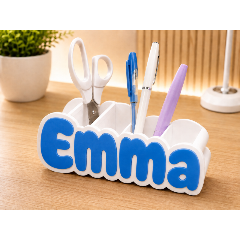 Personalisierter Namens-Stiftehalter Organizer – Weiß + Blau