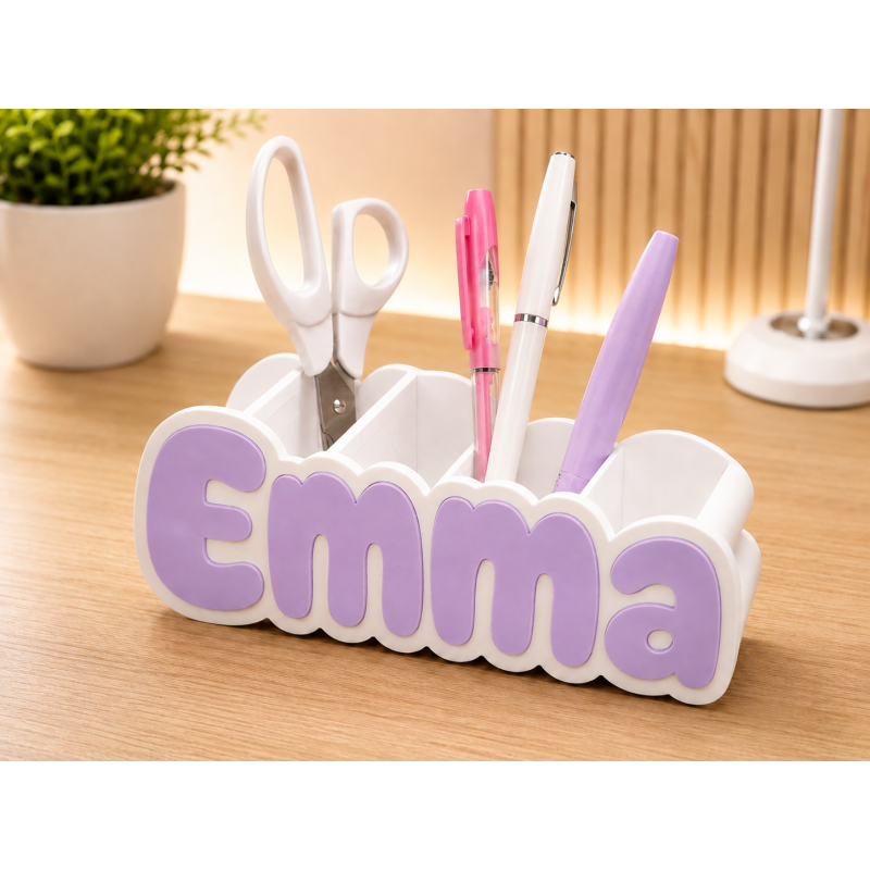 Personalisierter Namens-Stiftehalter Organizer Weiß + Lila