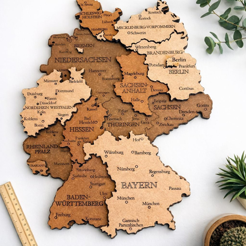 Holz 3D Karte von Deutschland mit detaillierter Schnitzerei und Gravur (Handgebeizt - 4XL – Höhe: 80 cm)