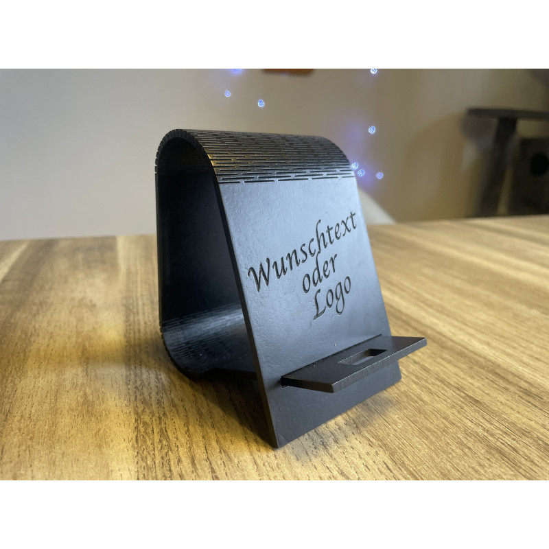 Holzständer für das Telefon mit individueller Gravur | Für Café, Büro, Salon oder Geschäft (Schwarz)