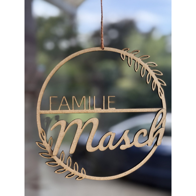 Personalisierte Holztafel mit Nachnamen – Rundes Design mit Blättern (Weiß, S, Höhe: 20 cm)