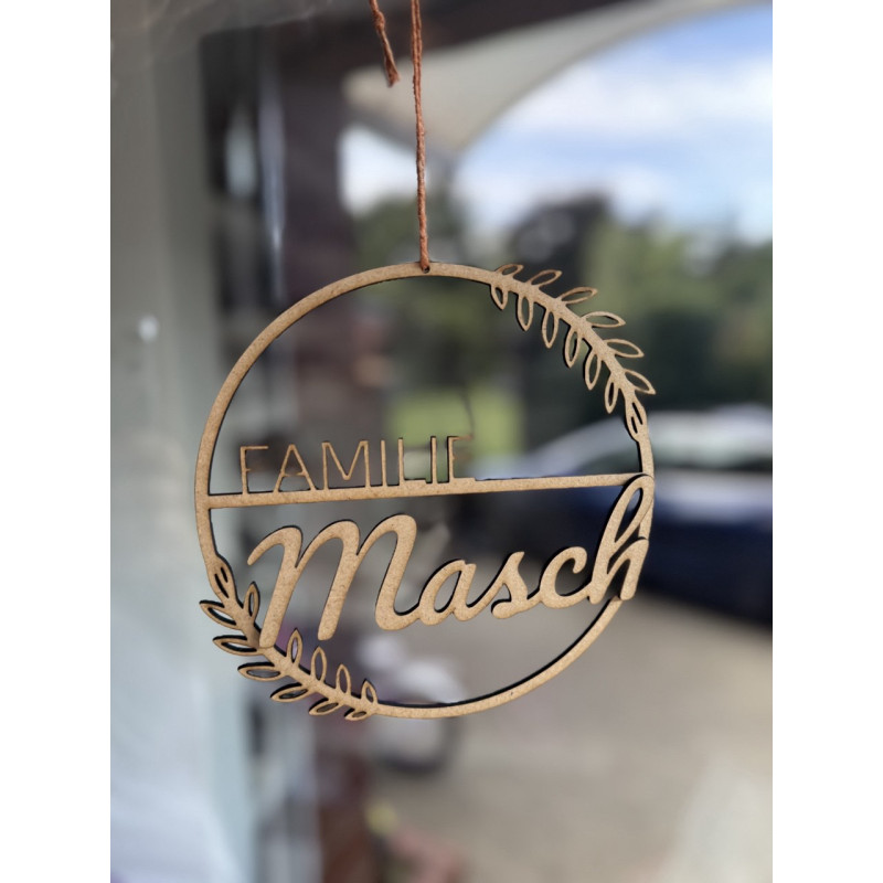 Personalisierte Holztafel mit Nachnamen – Rundes Design mit Blättern (Weiß, S, Höhe: 20 cm)