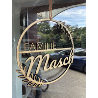 Personalisierte Holztafel mit Nachnamen – Rundes Design mit Blättern (Weiß, S, Höhe: 20 cm)