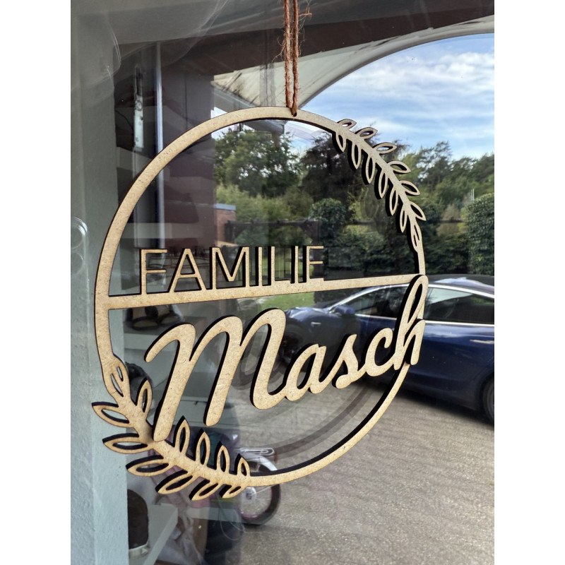 Personalisierte Holztafel mit Nachnamen – Rundes Design mit Blättern (Weiß, S, Höhe: 20 cm)