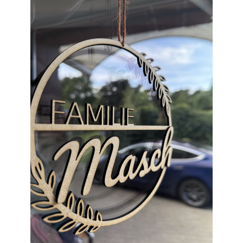 Personalisierte Holztafel mit Nachnamen – Rundes Design mit Blättern (Weiß, S, Höhe: 20 cm)