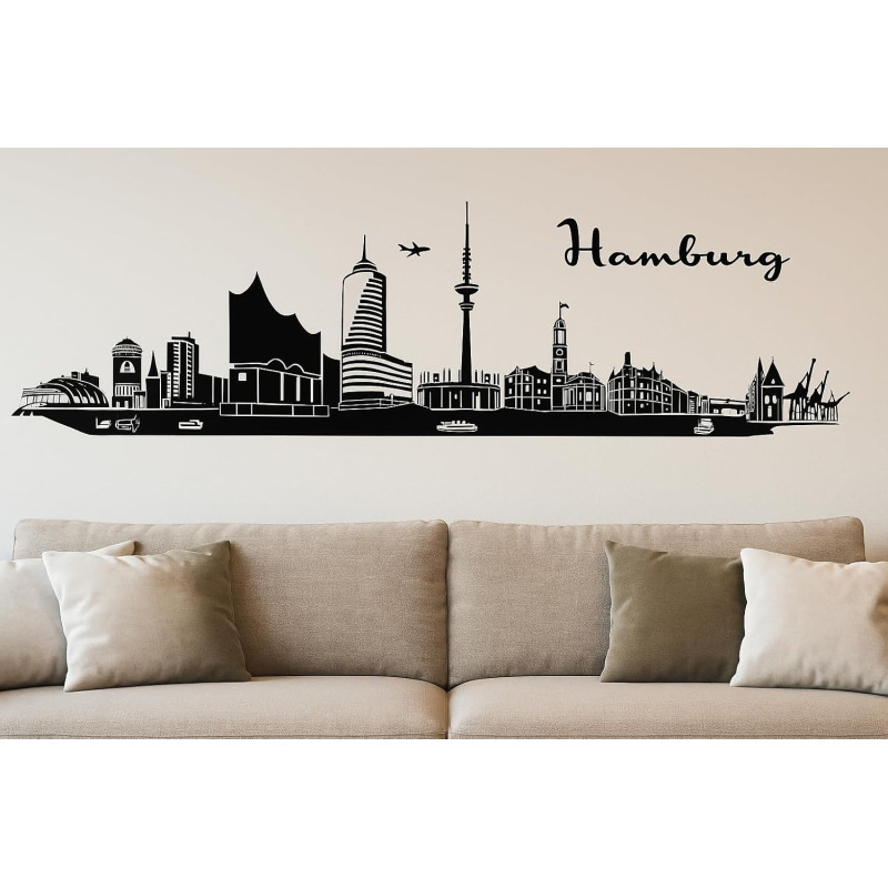Hamburg Horizont Wandaufkleber, 130 x 30 cm, Selbstklebende Vinylfolie, Hergestellt in Deutschland (Schwarz)