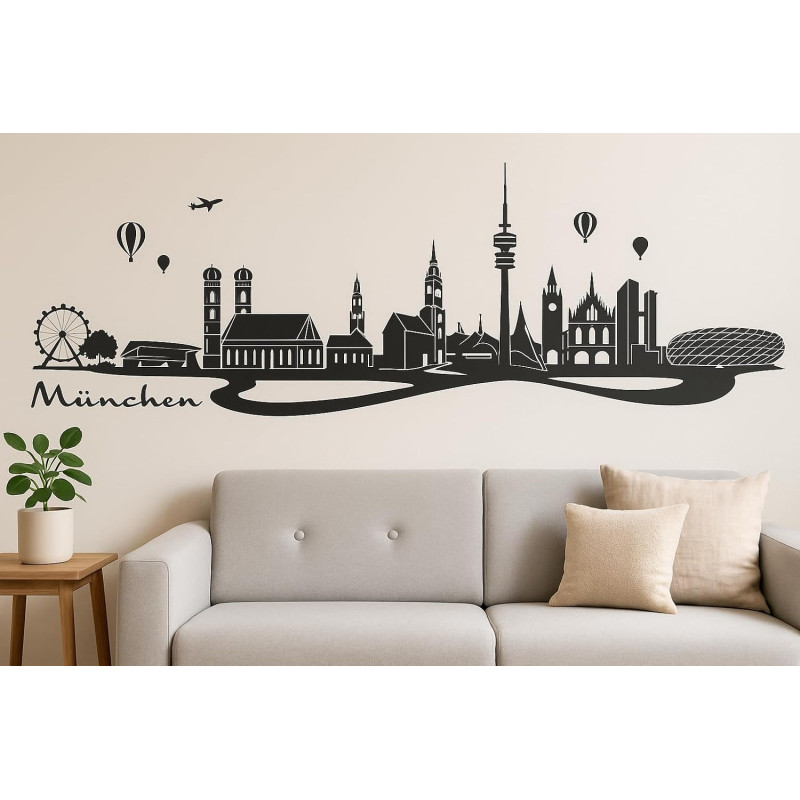 München Horizont Wandaufkleber, 130 x 30 cm, Selbstklebende Vinylfolie, Hergestellt in Deutschland (Schwarz)