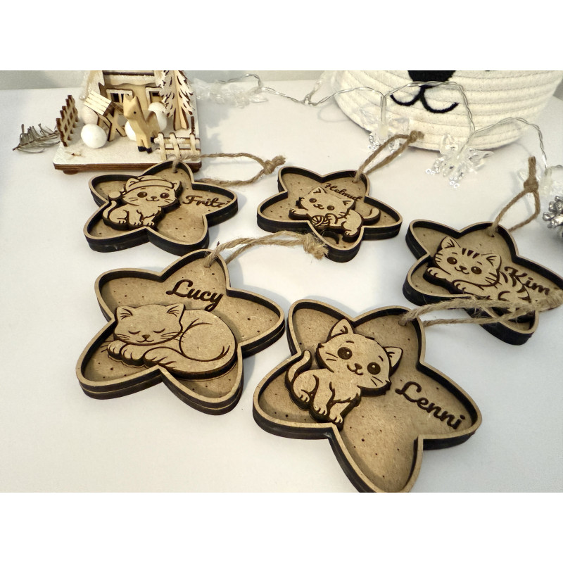 5 Stk. Personalisierte Weihnachtsanhänger mit Namen und Katzen - einzigartige Geschenke für die Feiertage