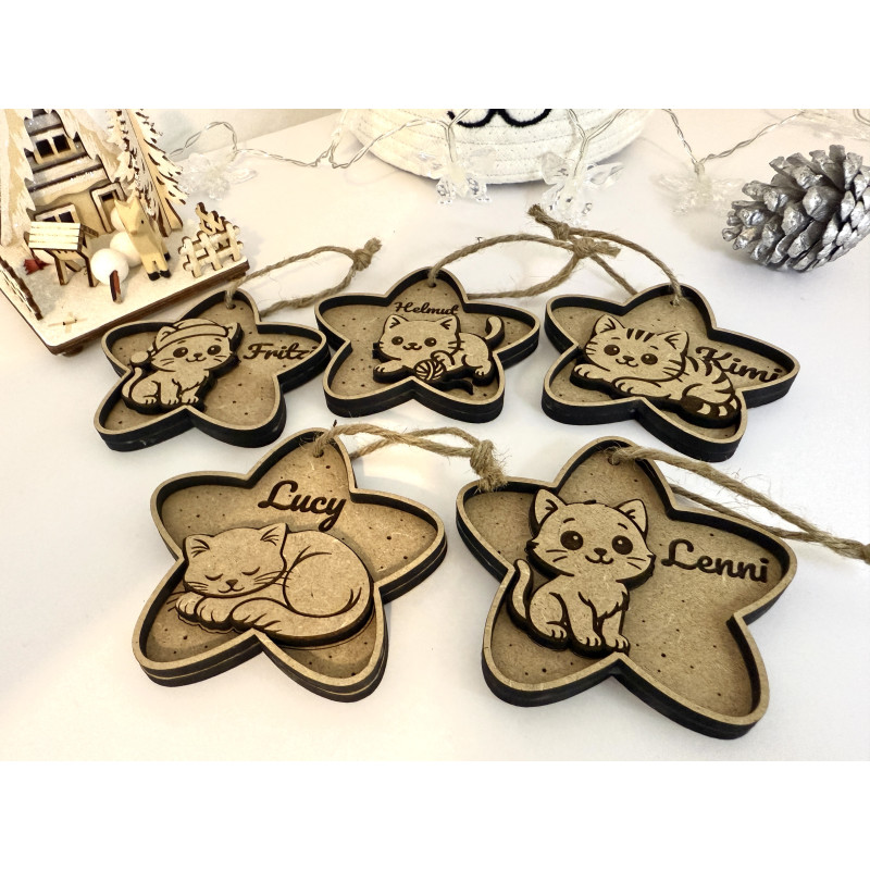 5 Stk. Personalisierte Weihnachtsanhänger mit Namen und Katzen - einzigartige Geschenke für die Feiertage